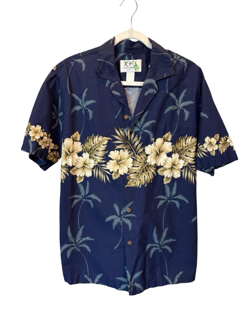 KY’S Hawaii Shirt Mens Large Blue Floral Palm Aloha Made in Hawaii Cotton